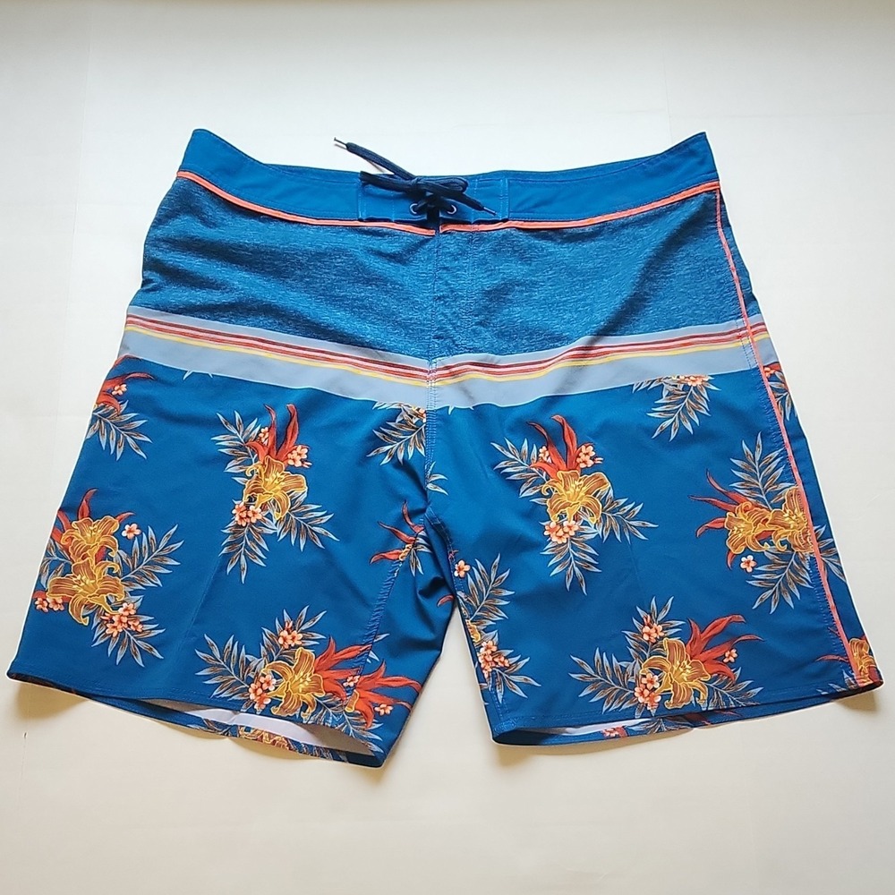 Burnside Men's Board Shorts Blue Floral Drawstring Tropical Surf Size 38